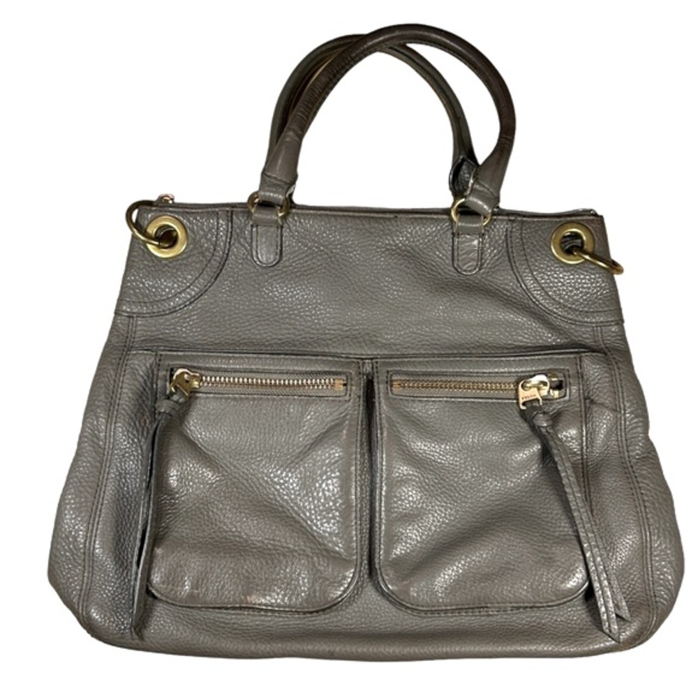 Fossil Karli Pebbled Leather Dark Gray Large Satchel Shoulder Bag Purse Handbag